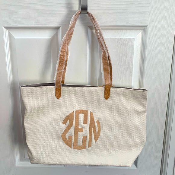 Modern Tote - White Basketweave with “ZEN” circle monogram in the color, fawn - Picture 2 of 6